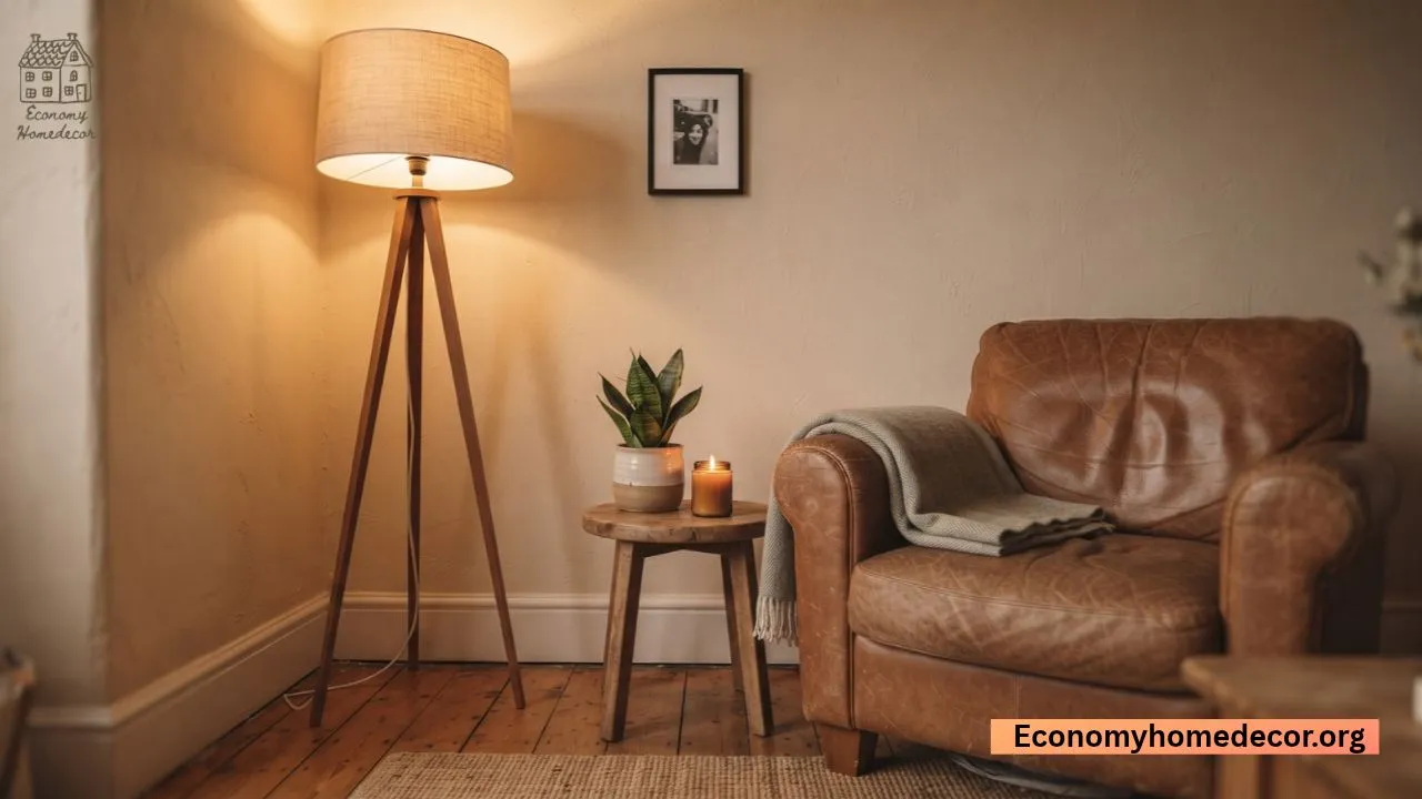 Layered lighting and thrifted styling in an economy home decor living room corner