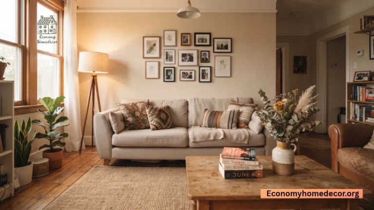 Budget-friendly living room styled with economy home decor ideas thrifted sofa, layered lighting, and gallery wall