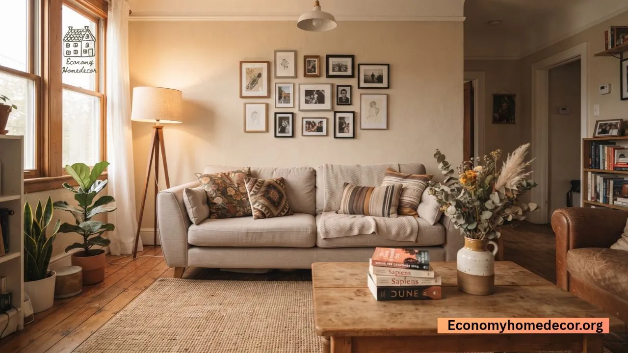 Budget-friendly living room styled with economy home decor ideas thrifted sofa, layered lighting, and gallery wall